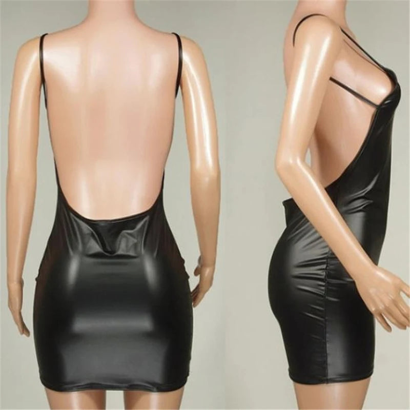 Black Faux Leather Backless Bodycon Mini Dress by HitMyNeed