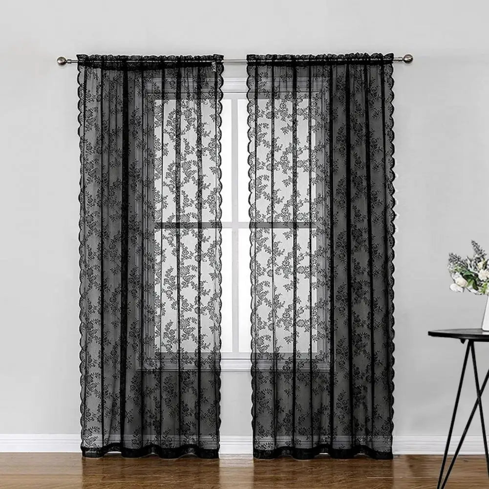Black Floral Lace Sheer Curtain, UV & Dust Resistant by HitMyNeed