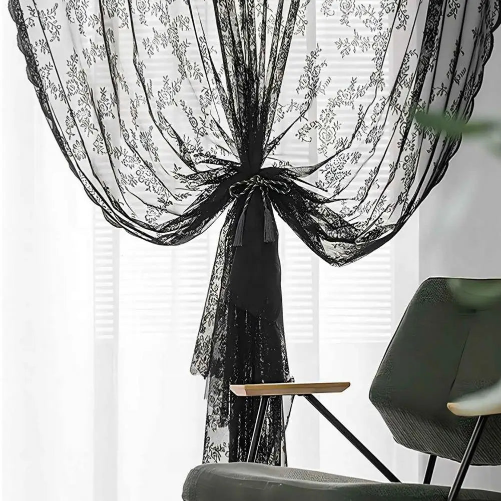 Black Floral Lace Sheer Curtain, UV & Dust Resistant by HitMyNeed