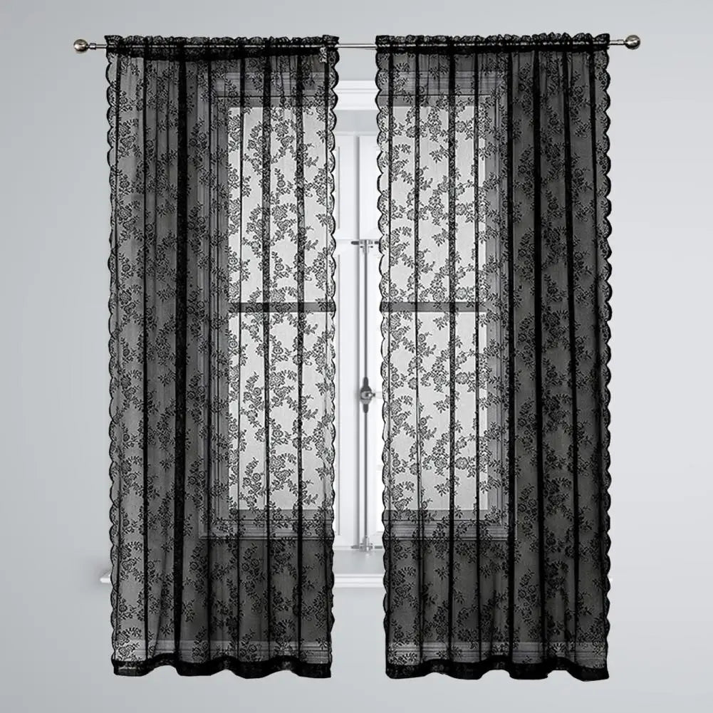 Black Floral Lace Sheer Curtain, UV & Dust Resistant m by HitMyNeed