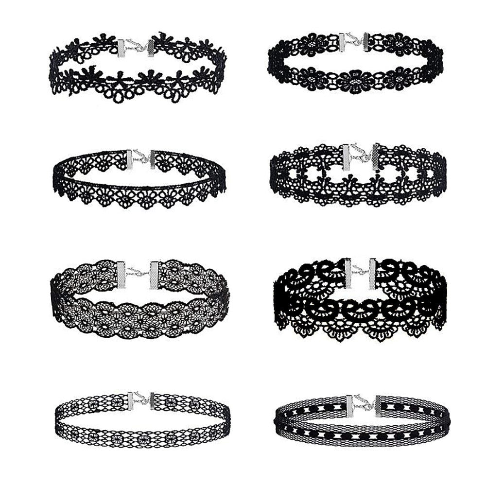 Black Lace Choker Necklace Set, 8 Piece Adjustable by HitMyNeed