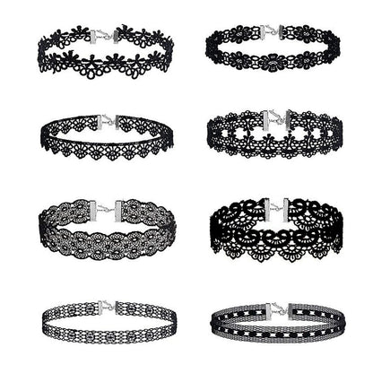 Black Lace Choker Necklace Set, 8 Piece Adjustable by HitMyNeed