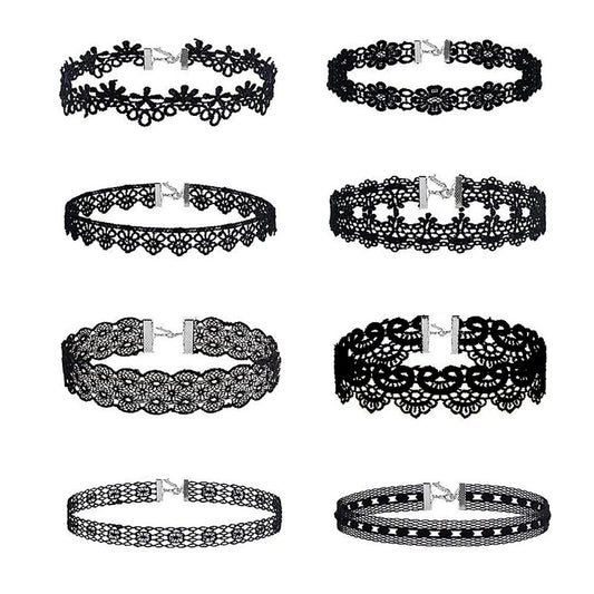 Black Lace Choker Necklace Set, 8 Piece Adjustable by HitMyNeed