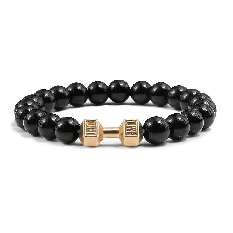 Black Lava Stone Dumbbell Beaded Bracelet g-light 21cm by HitMyNeed