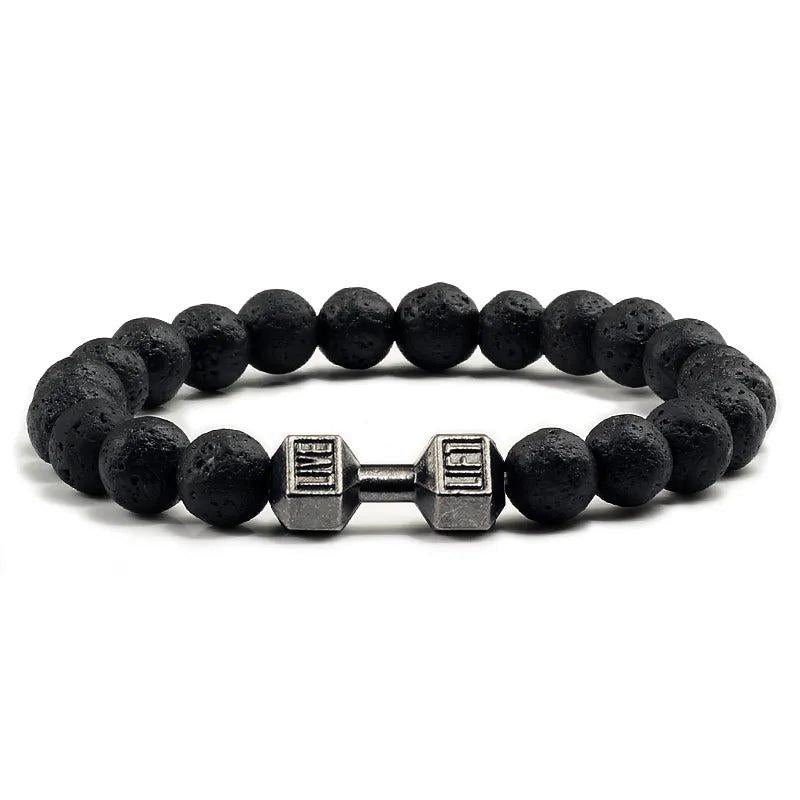 Black Lava Stone Dumbbell Beaded Bracelet gun-black-lava 17cm by HitMyNeed