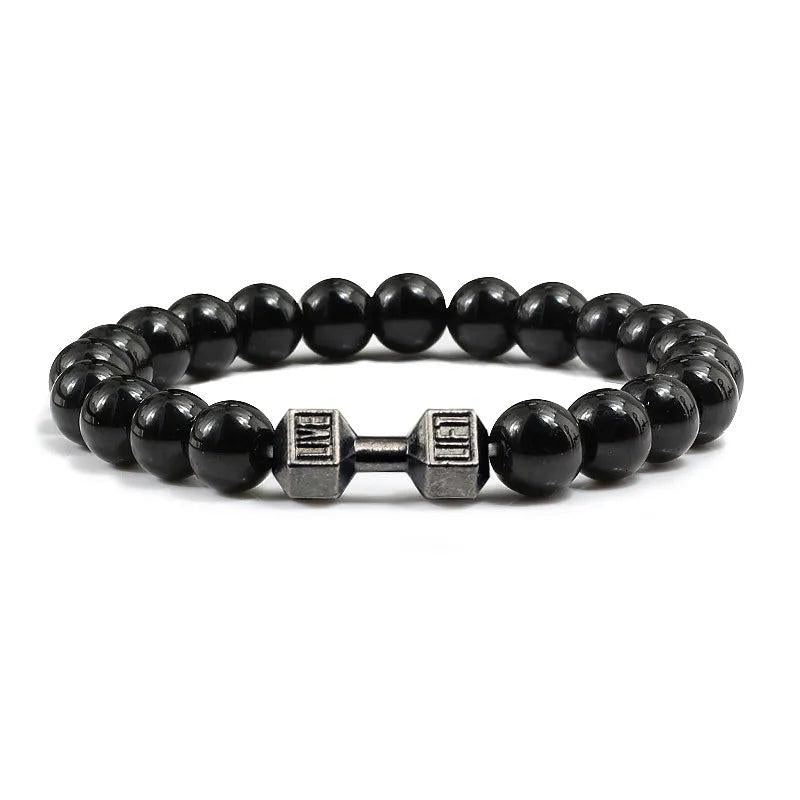 Black Lava Stone Dumbbell Beaded Bracelet gun-black-light 17cm by HitMyNeed