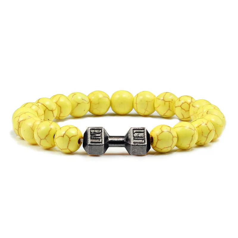 Black Lava Stone Dumbbell Beaded Bracelet gun-black-yellow 17cm by HitMyNeed