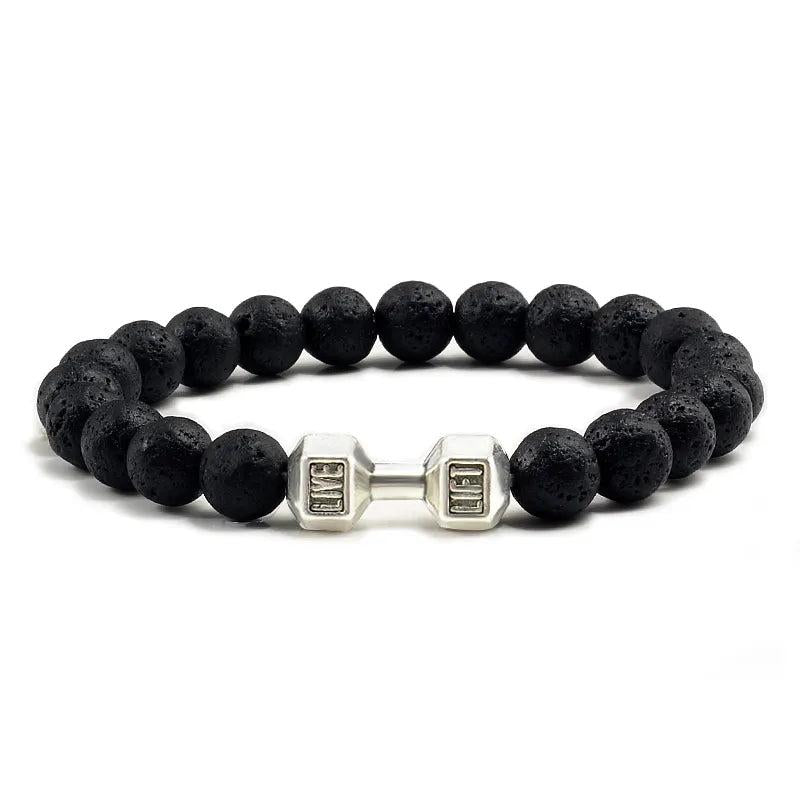 Black Lava Stone Dumbbell Beaded Bracelet s-lava 21cm by HitMyNeed