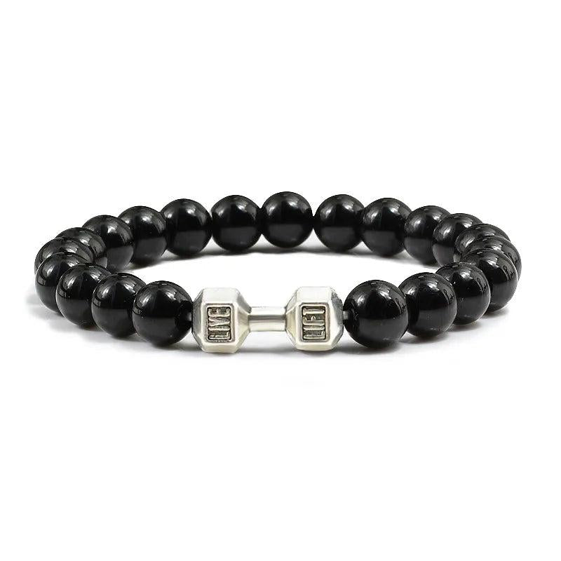 Black Lava Stone Dumbbell Beaded Bracelet s-light 21cm by HitMyNeed