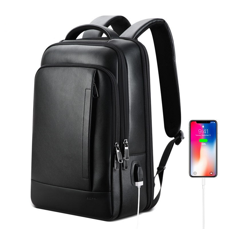 Black Leather Waterproof Laptop Backpack 15.6" by HitMyNeed