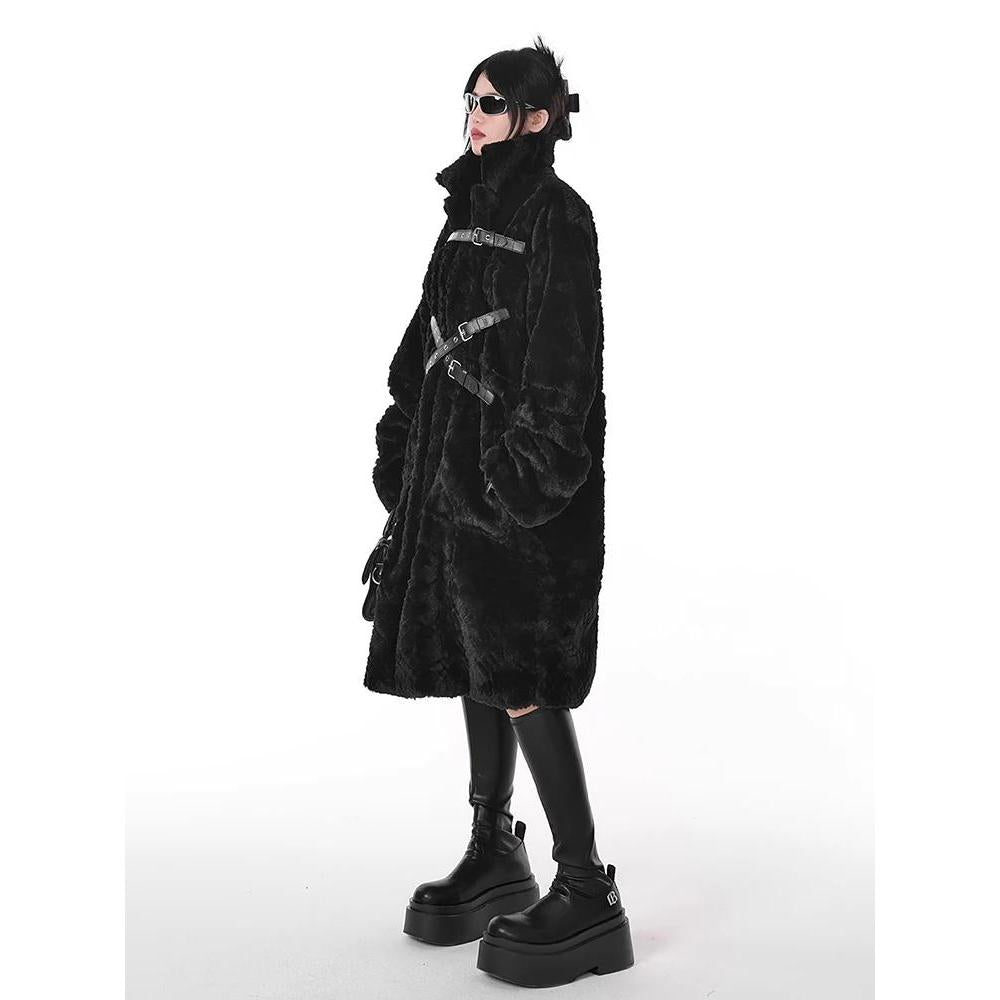 Black Long Fuzzy Faux Fur Punk Coat for Women by HitMyNeed