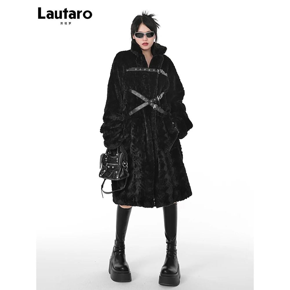 Black Long Fuzzy Faux Fur Punk Coat for Women by HitMyNeed