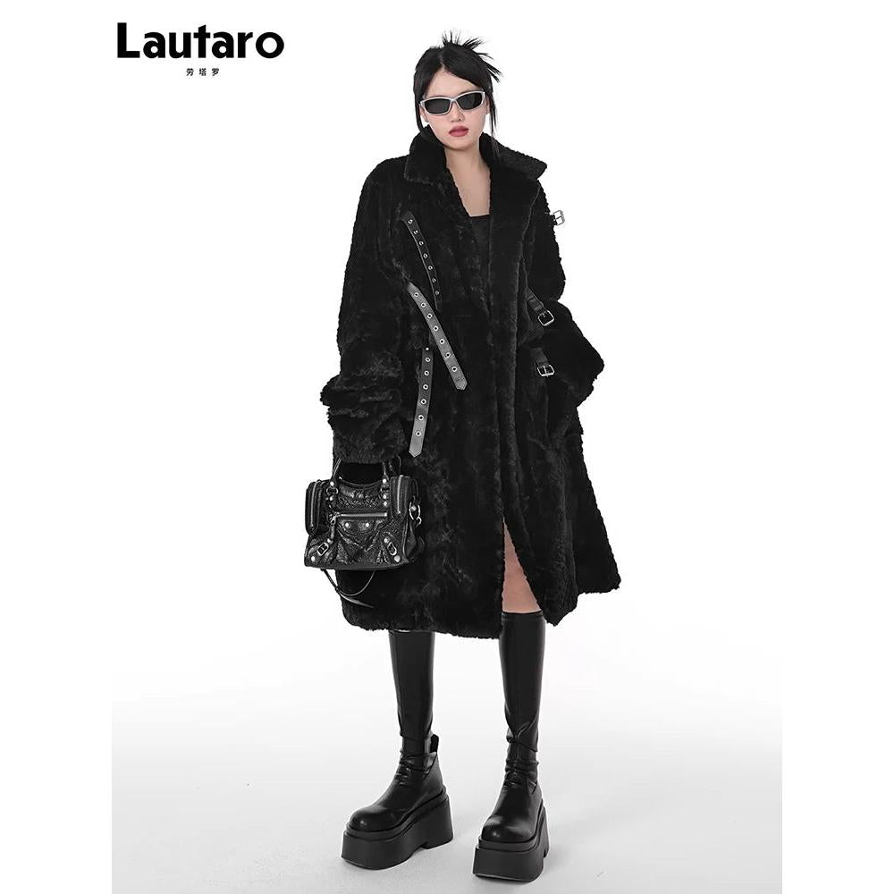 Black Long Fuzzy Faux Fur Punk Coat for Women by HitMyNeed