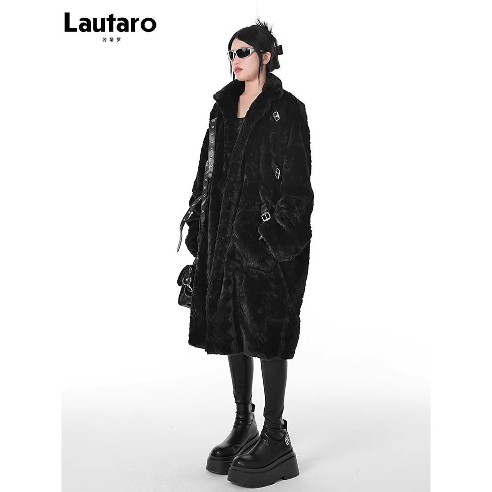 Black Long Fuzzy Faux Fur Punk Coat for Women by HitMyNeed