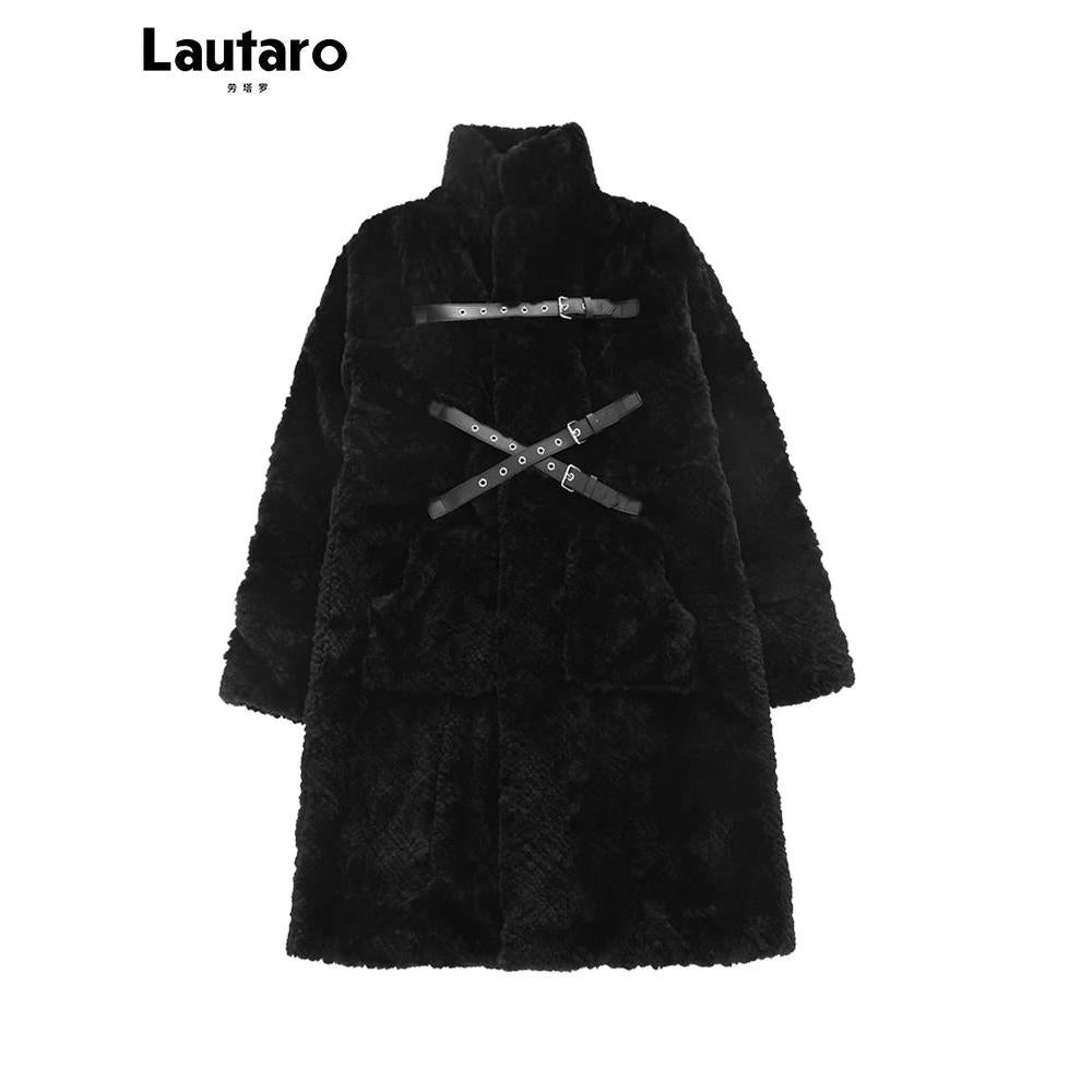 Black Long Fuzzy Faux Fur Punk Coat for Women by HitMyNeed