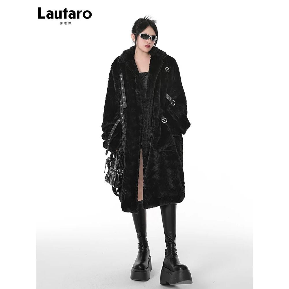 Black Long Fuzzy Faux Fur Punk Coat for Women by HitMyNeed