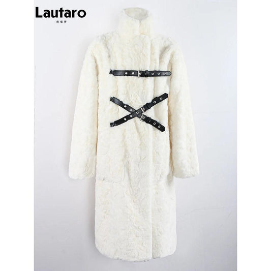 Black Long Fuzzy Faux Fur Punk Coat for Women beige m by HitMyNeed