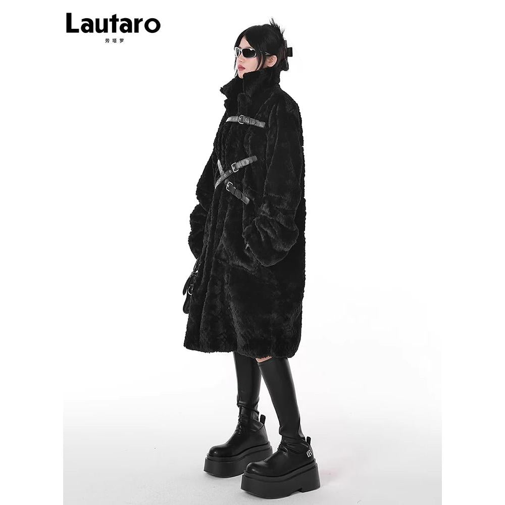 Black Long Fuzzy Faux Fur Punk Coat for Women black xl by HitMyNeed