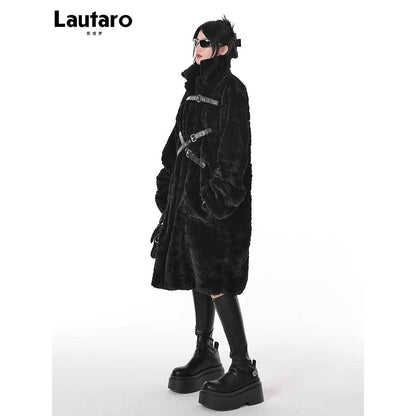 Black Long Fuzzy Faux Fur Punk Coat for Women black xl by HitMyNeed