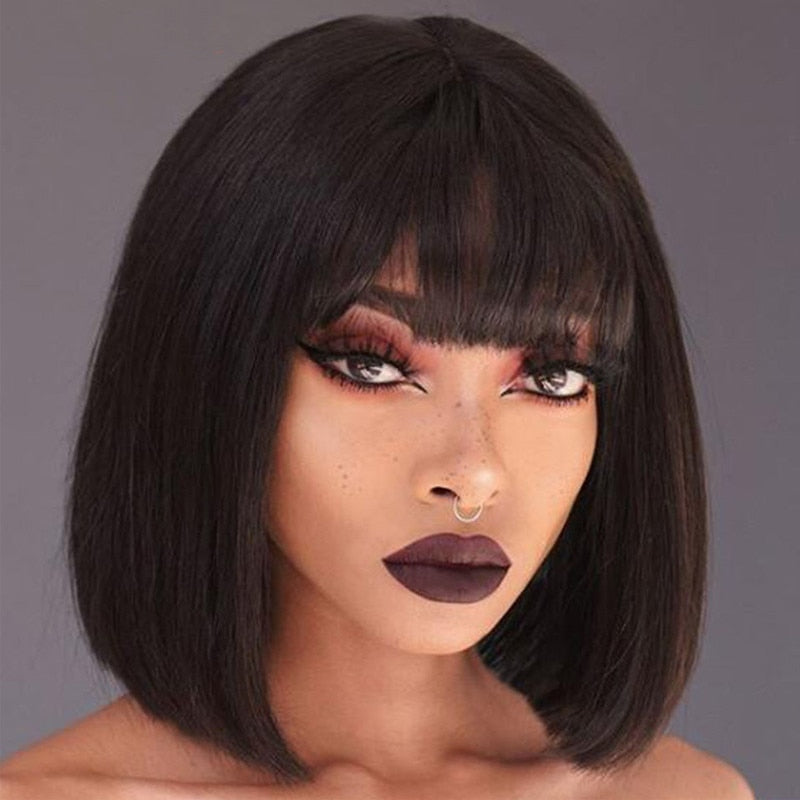 Black Short Bob Wig with Straight Bangs Lace Front by HitMyNeed