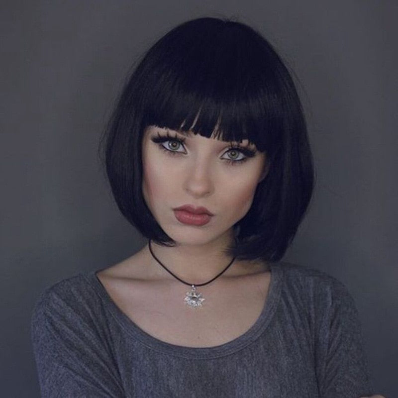 Black Short Bob Wig with Straight Bangs Lace Front by HitMyNeed