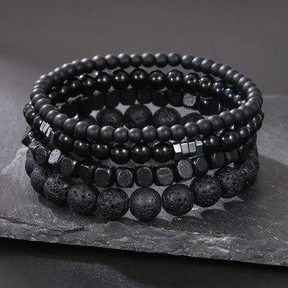 Black Volcanic & Wood Bead Multi-Layer Bracelet Set by HitMyNeed