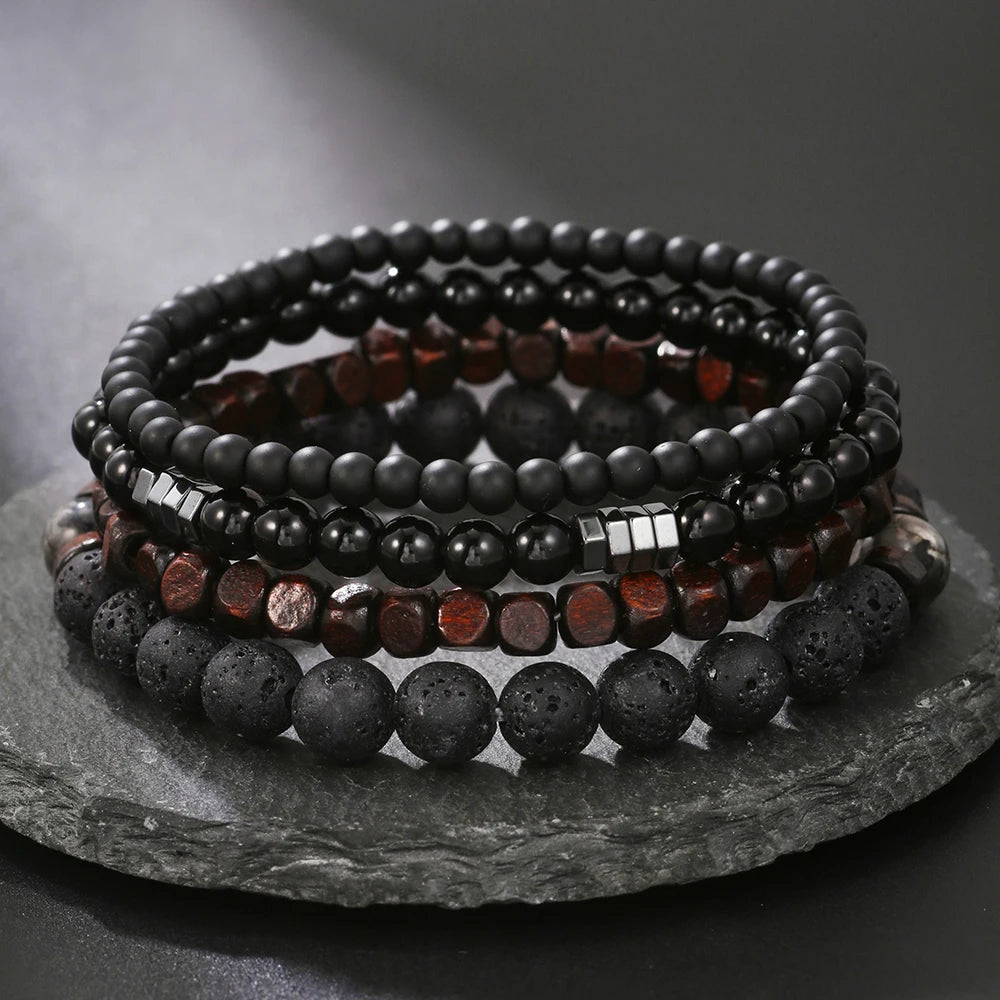 Black Volcanic & Wood Bead Multi-Layer Bracelet Set by HitMyNeed