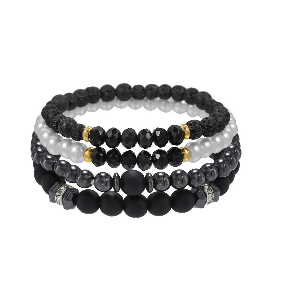 Black Volcanic & Wood Bead Multi-Layer Bracelet Set by HitMyNeed