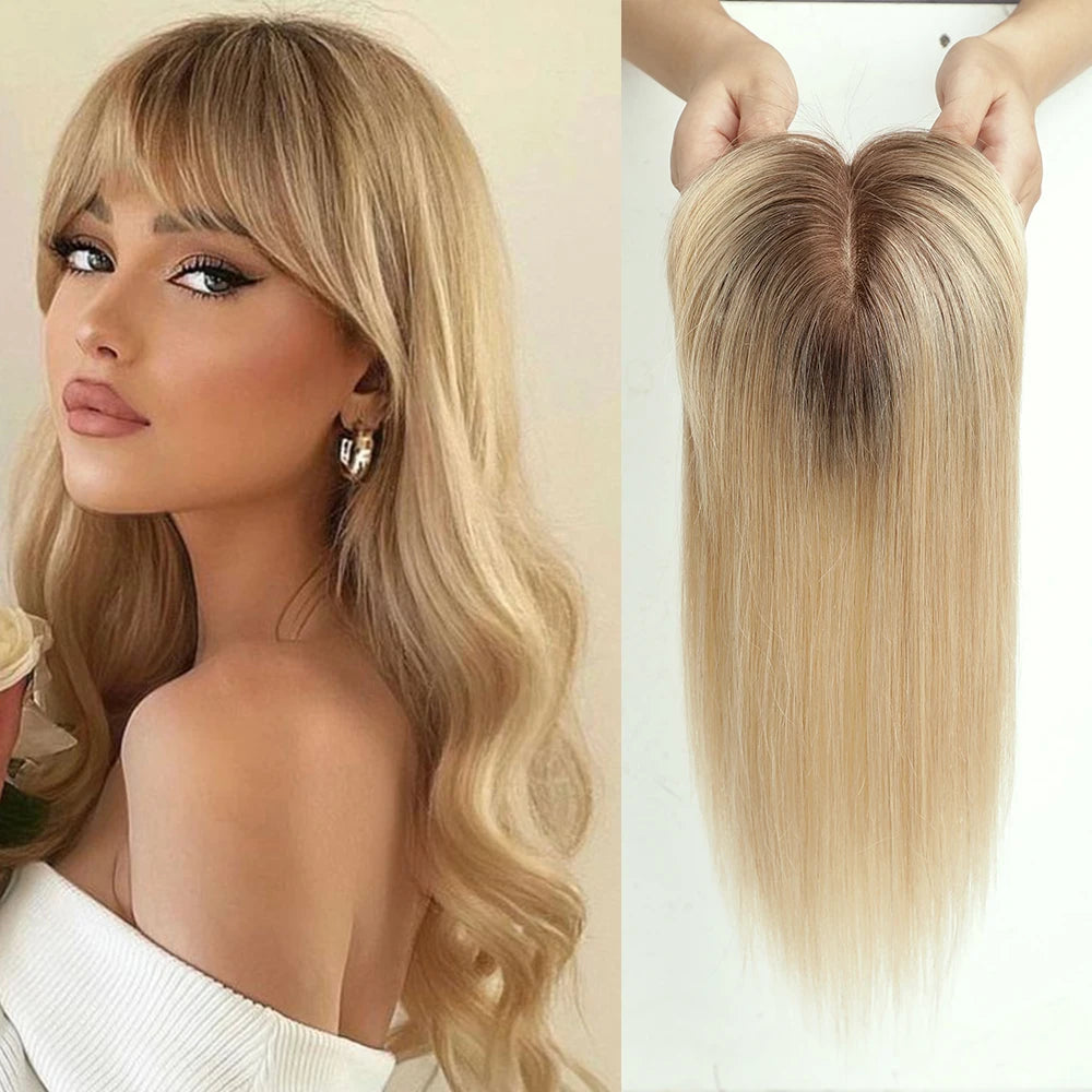Blonde Silk Base Human Hair Topper with Bangs 14" by HitMyNeed