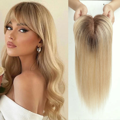 Blonde Silk Base Human Hair Topper with Bangs 14" by HitMyNeed