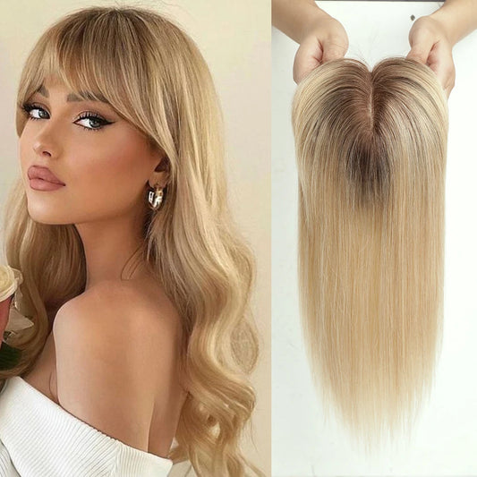 Blonde Silk Base Human Hair Topper with Bangs 14" by HitMyNeed