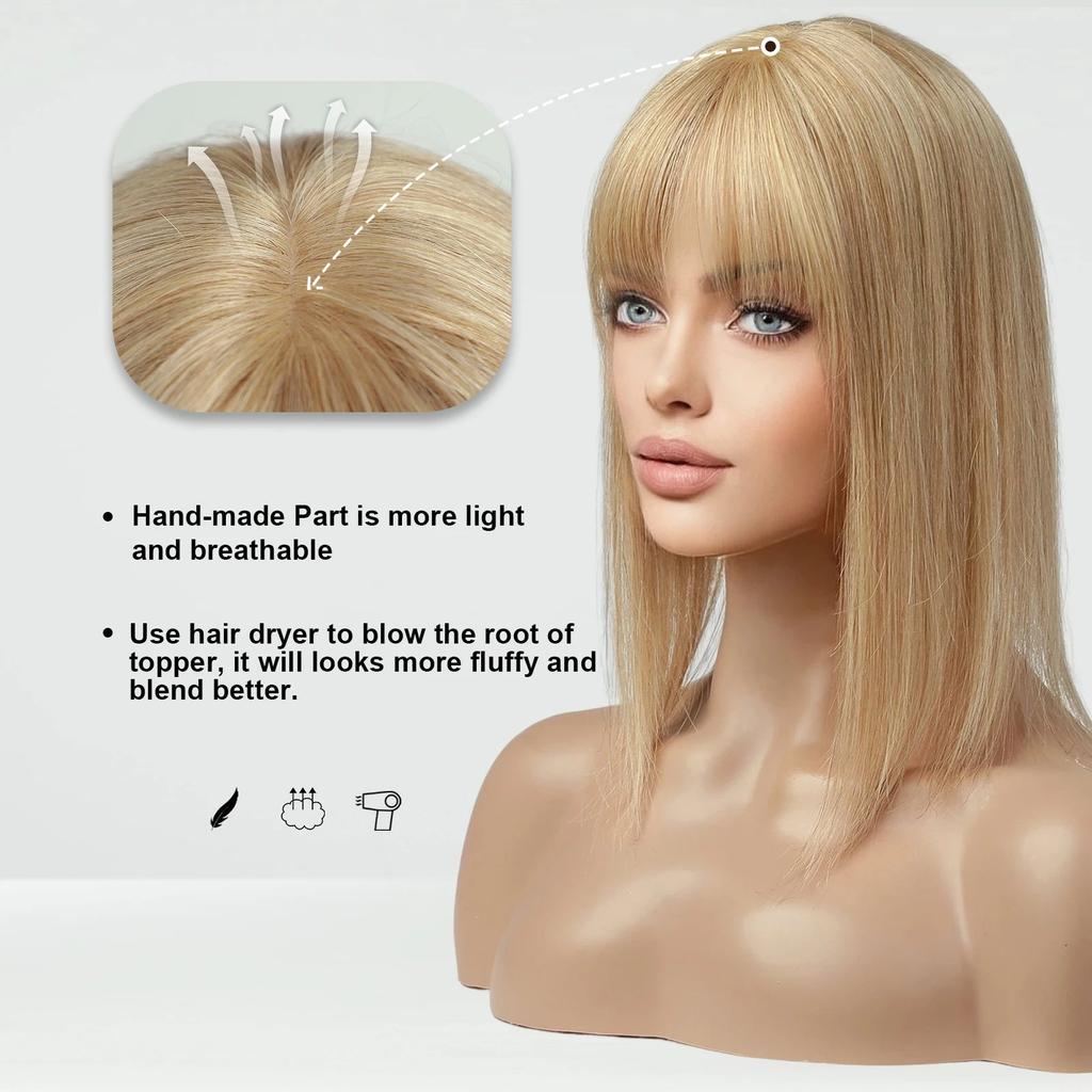 Blonde Silk Base Human Hair Topper with Bangs 14" fk004 by HitMyNeed