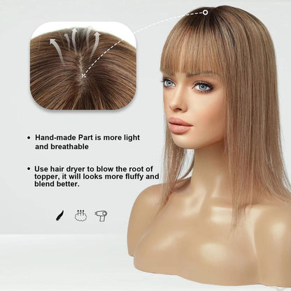 Blonde Silk Base Human Hair Topper with Bangs 14" fk006 by HitMyNeed
