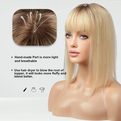 Blonde Silk Base Human Hair Topper with Bangs 14" fk007 by HitMyNeed