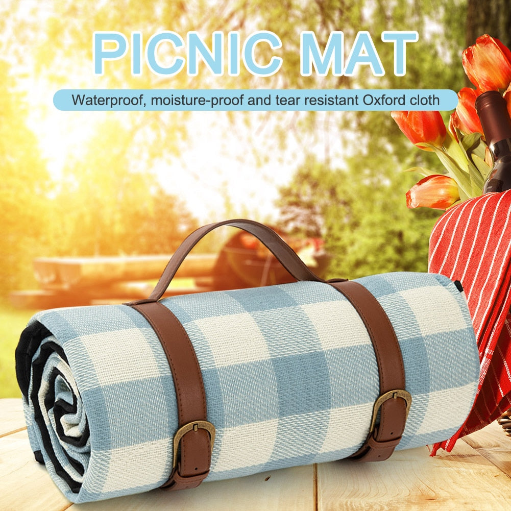 Blue Checkered Large Waterproof Picnic Blanket by HitMyNeed