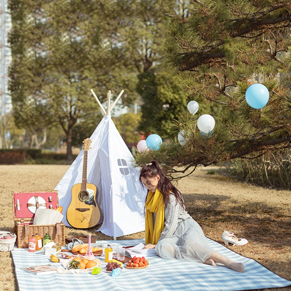 Blue Checkered Large Waterproof Picnic Blanket by HitMyNeed