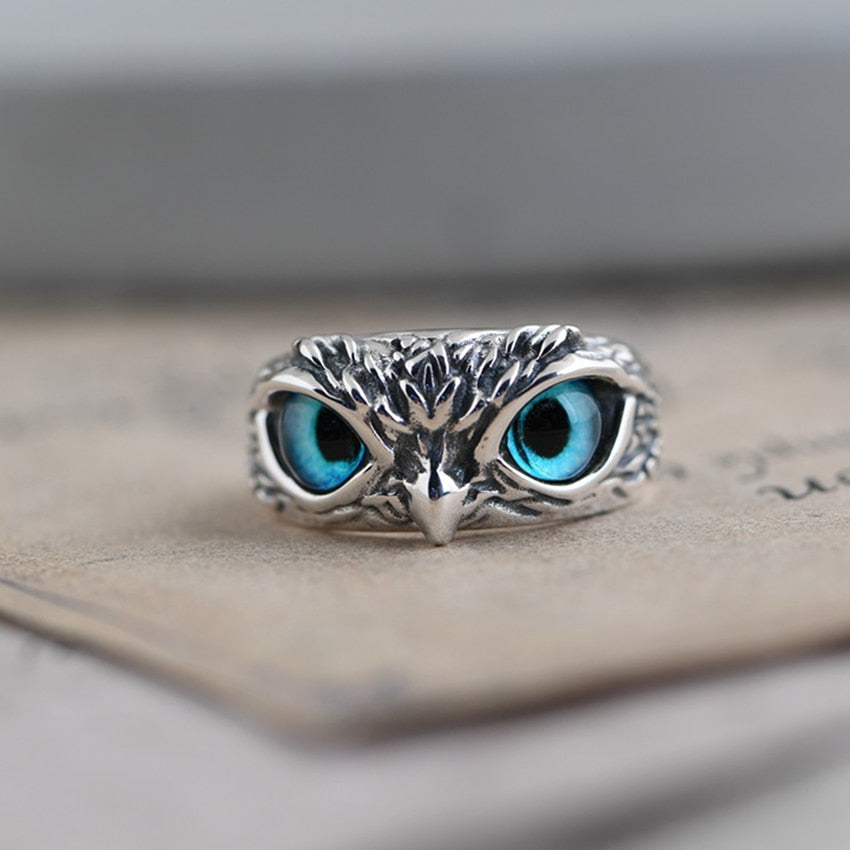 Blue Eye Silver Owl Adjustable Ring by HitMyNeed