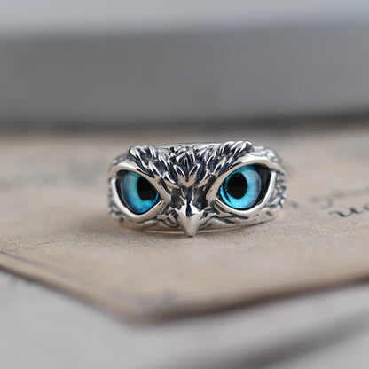 Blue Eye Silver Owl Adjustable Ring by HitMyNeed