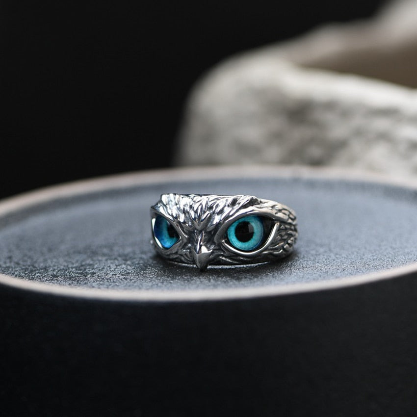 Blue Eye Silver Owl Adjustable Ring by HitMyNeed