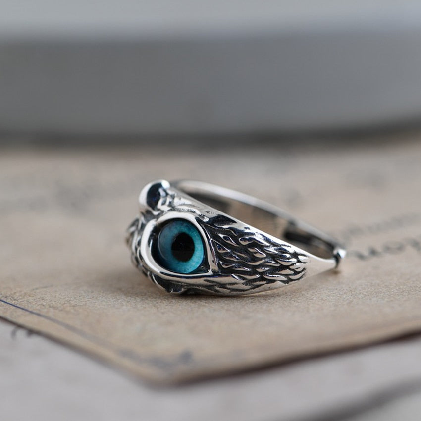 Blue Eye Silver Owl Adjustable Ring by HitMyNeed
