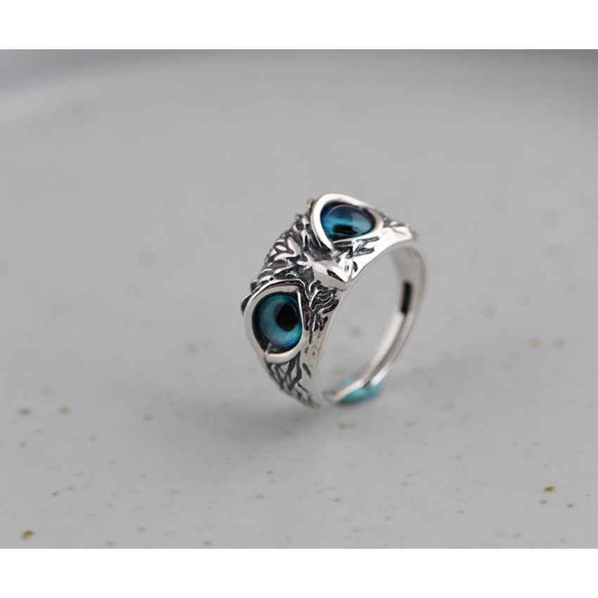 Blue Eye Silver Owl Adjustable Ring by HitMyNeed