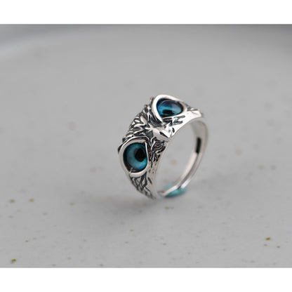 Blue Eye Silver Owl Adjustable Ring by HitMyNeed