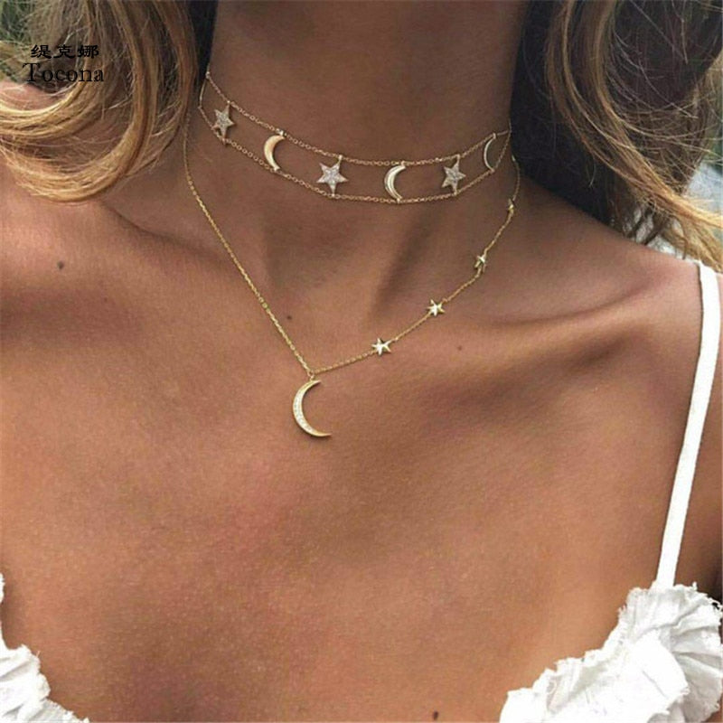 Bohemian Moon and Star Layered Choker Necklace by HitMyNeed
