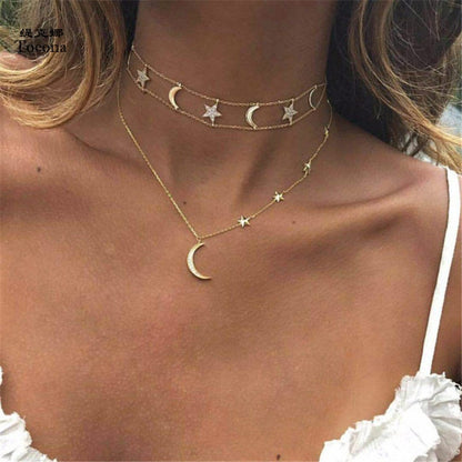 Bohemian Moon and Star Layered Choker Necklace by HitMyNeed