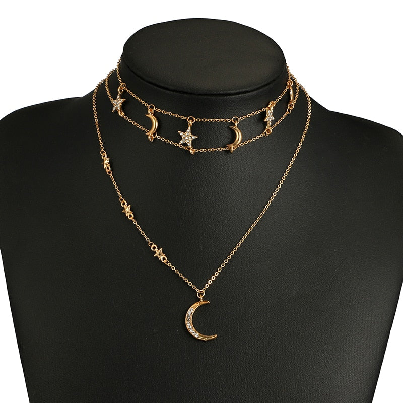 Bohemian Moon and Star Layered Choker Necklace by HitMyNeed
