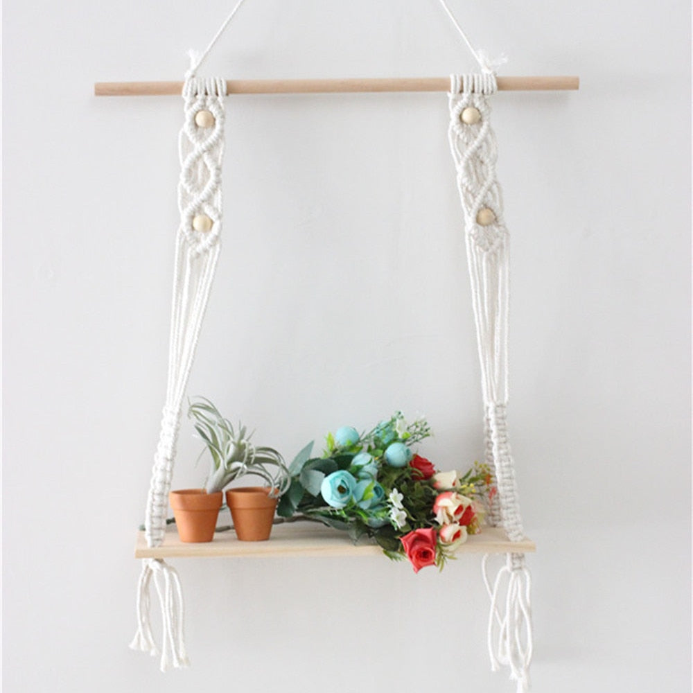 Bohemian Wooden Macrame Hanging Wall Shelf by HitMyNeed