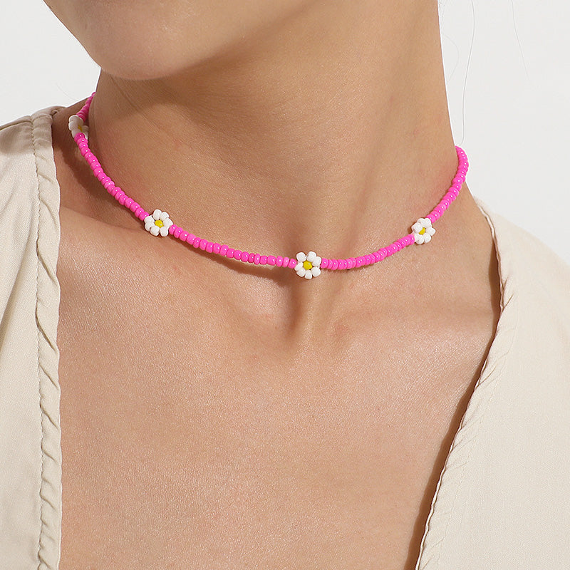 Boho Summer Beaded Flower Necklace, Adjustable 35-45cm by HitMyNeed