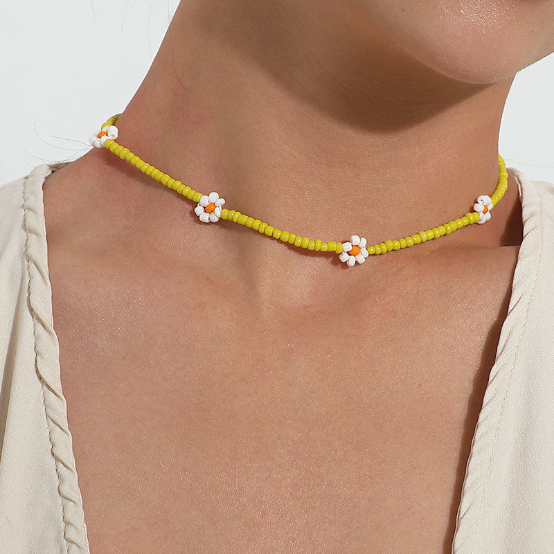 Boho Summer Beaded Flower Necklace, Adjustable 35-45cm by HitMyNeed
