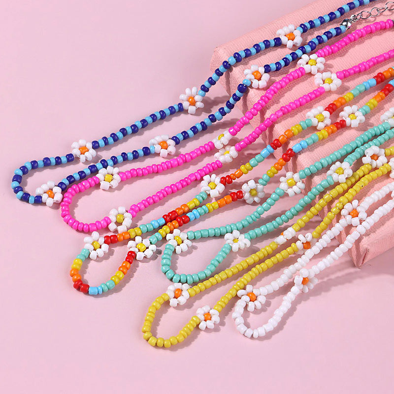 Boho Summer Beaded Flower Necklace, Adjustable 35-45cm by HitMyNeed