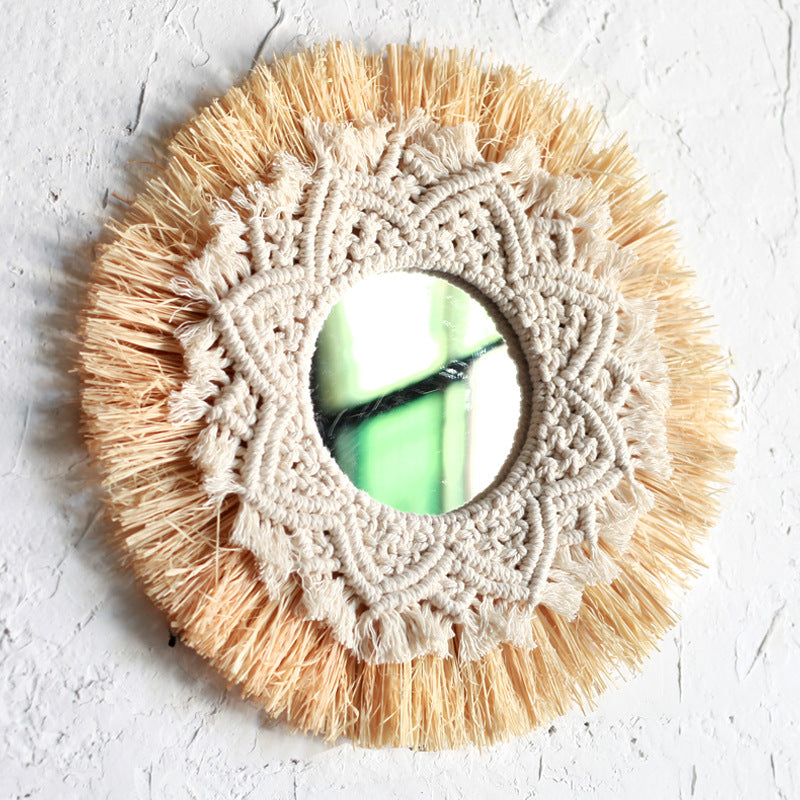 Boho Wall Mirror with Macrame Straw Frame 35cm by HitMyNeed